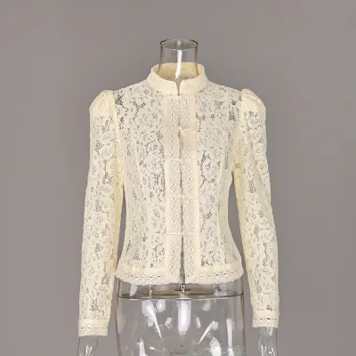 women fashion elegant solid color  Lace Crochet Stand Collar Slim Fit long-sleeve blouse