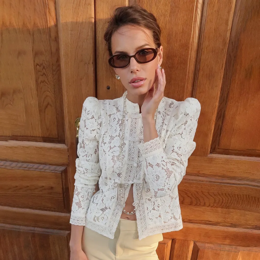 women fashion elegant solid color  Lace Crochet Stand Collar Slim Fit long-sleeve blouse