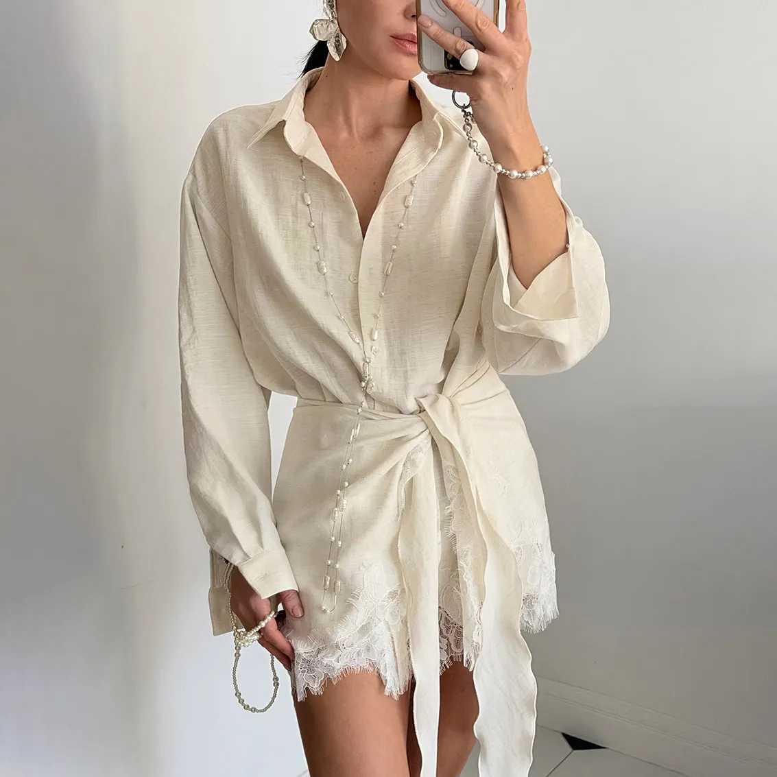 Women Fashion Elegant Spring And Summer Solid Color Lapel Long-Sleeve Blouse Lace Stitching Apron Two-Piece Set