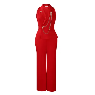 Women Fashion Casual Lapel Sleeveless Chain Wide Leg Jumpsuit