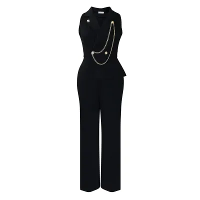 Women Fashion Casual Lapel Sleeveless Chain Wide Leg Jumpsuit