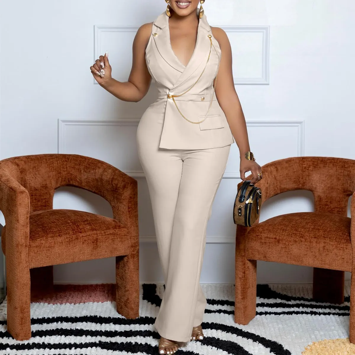 Women Fashion Casual Lapel Sleeveless Chain Wide Leg Jumpsuit