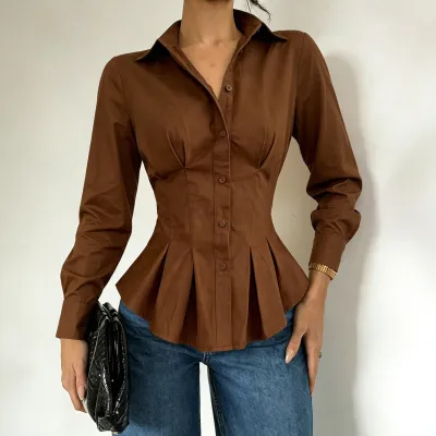 Women Fashion Casual Spring Solid Color Lapel Long Sleeve Ruffled Waist Pleated Blouse