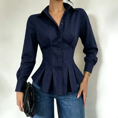 Women Fashion Casual Spring Solid Color Lapel Long Sleeve Ruffled Waist Pleated Blouse