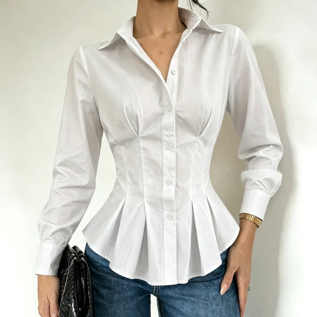 Women Fashion Casual Spring Solid Color Lapel Long Sleeve Ruffled Waist Pleated Blouse