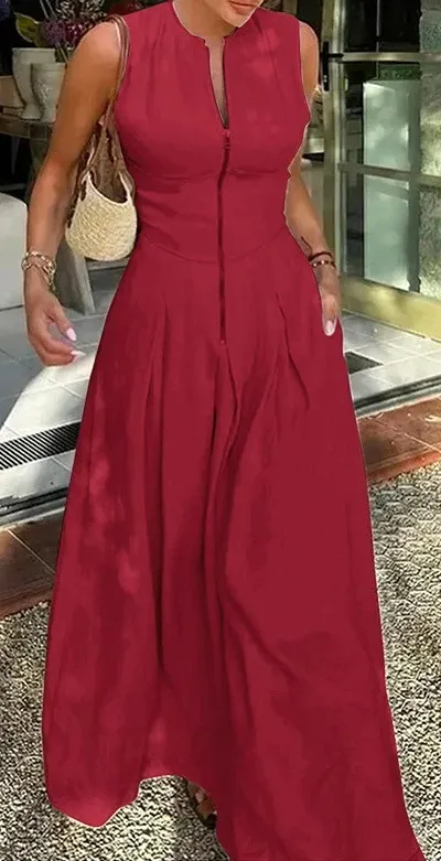 Women Fashion Casual Summer Solid Color Sleeveless Zipper Long A- Line Dress