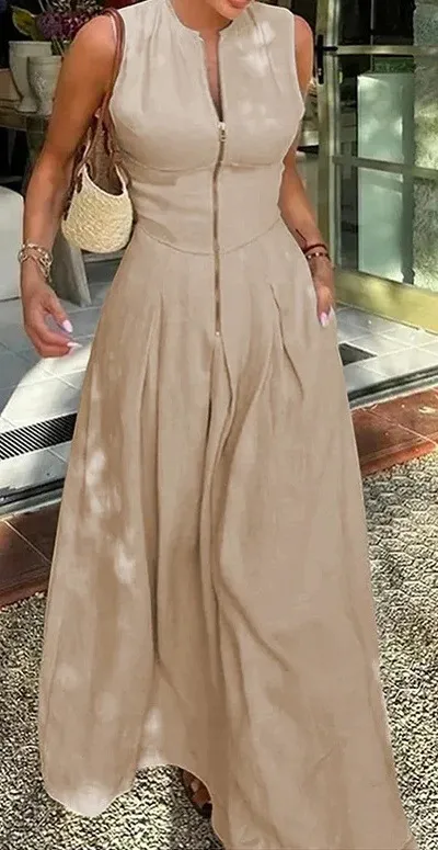 Women Fashion Casual Summer Solid Color Sleeveless Zipper Long A- Line Dress
