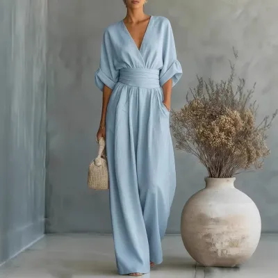 Women Fashion Casual Spring And Summer Solid Color Waist V-Neck Short-Sleeve Loose Jumpsuit