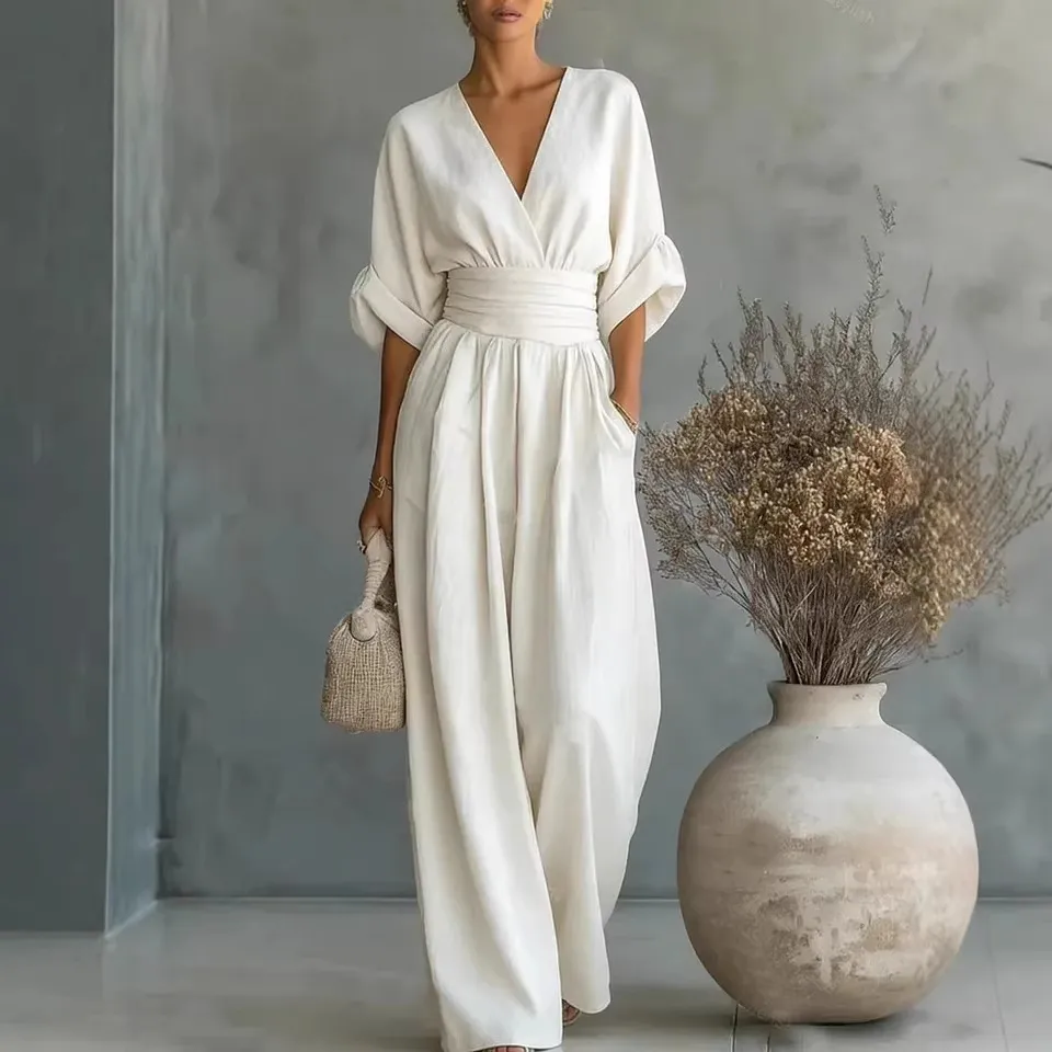 Women Fashion Casual Spring And Summer Solid Color Waist V-Neck Short-Sleeve Loose Jumpsuit