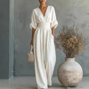 Women Fashion Casual Spring And Summer Solid Color Waist V-Neck Short-Sleeve Loose Jumpsuit