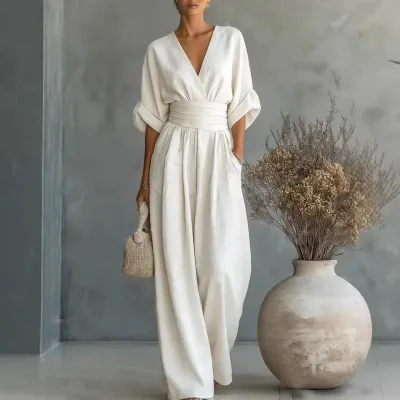 Women Fashion Casual Spring And Summer Solid Color Waist V-Neck Short-Sleeve Loose Jumpsuit