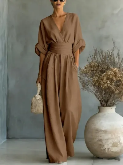 Women Fashion Casual Spring And Summer Solid Color Waist V-Neck Short-Sleeve Loose Jumpsuit