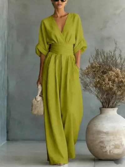 Women Fashion Casual Spring And Summer Solid Color Waist V-Neck Short-Sleeve Loose Jumpsuit