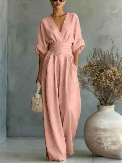 Women Fashion Casual Spring And Summer Solid Color Waist V-Neck Short-Sleeve Loose Jumpsuit