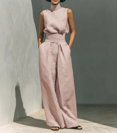 Women Fashion Casual Spring And Summer Solid Color Cotton Linen High Neck Sleeveless Top Loose Pants Two-Piece Set