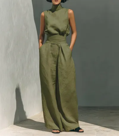 Women Fashion Casual Spring And Summer Solid Color Cotton Linen High Neck Sleeveless Top Loose Pants Two-Piece Set
