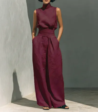Women Fashion Casual Spring And Summer Solid Color Cotton Linen High Neck Sleeveless Top Loose Pants Two-Piece Set