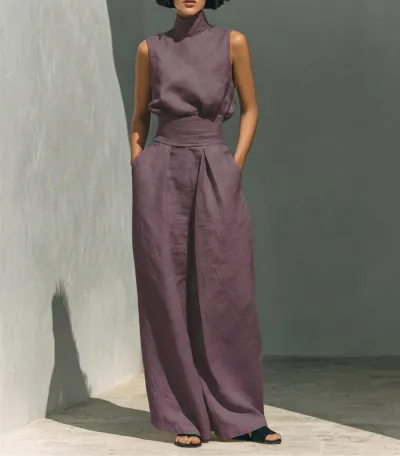 Women Fashion Casual Spring And Summer Solid Color Cotton Linen High Neck Sleeveless Top Loose Pants Two-Piece Set
