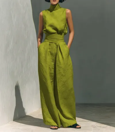 Women Fashion Casual Spring And Summer Solid Color Cotton Linen High Neck Sleeveless Top Loose Pants Two-Piece Set