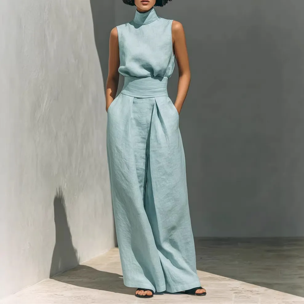 Women Fashion Casual Spring And Summer Solid Color Cotton Linen High Neck Sleeveless Top Loose Pants Two-Piece Set
