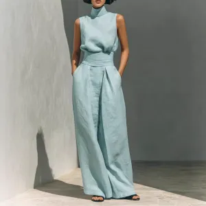 Women Fashion Casual Spring And Summer Solid Color Cotton Linen High Neck Sleeveless Top Loose Pants Two-Piece Set