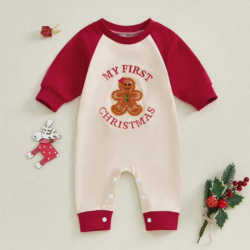 Christmas Kids Baby Boys And Girls Color-Block Autumn Embroidered Hatshirt Long-Sleeve Jumpsuits