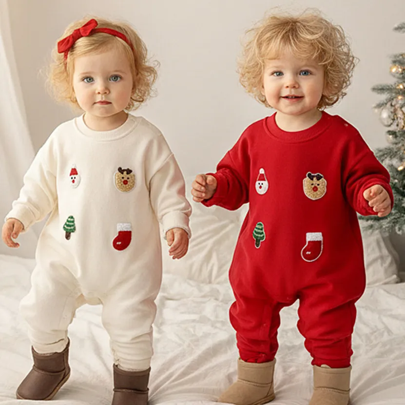 Christmas Kids Baby Boys And Girls Autumn And Winter Velvet Warm Long-Sleeve Jumpsuits