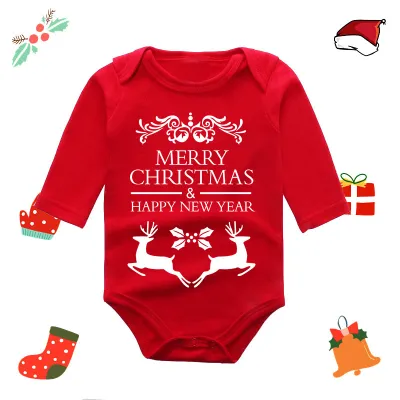 Christmas Kids Baby Boys And Girls Fashion Red Elk Printed Long Sleeve Rompers