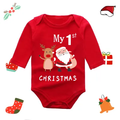 Christmas Kids Baby Boys And Girls Fashion Red Elk Printed Long Sleeve Rompers