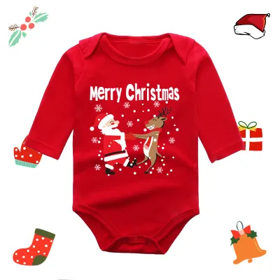 Christmas Kids Baby Boys And Girls Fashion Red Elk Printed Long Sleeve Rompers