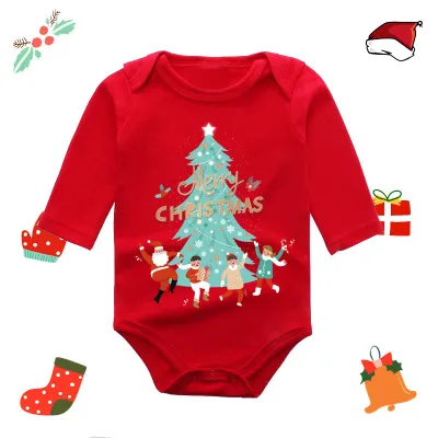 Christmas Kids Baby Boys And Girls Fashion Red Elk Printed Long Sleeve Rompers