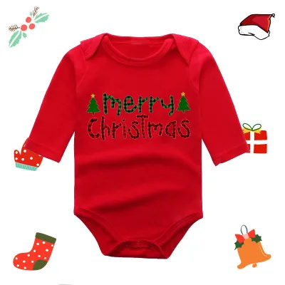 Christmas Kids Baby Boys And Girls Fashion Red Elk Printed Long Sleeve Rompers