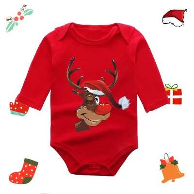 Christmas Kids Baby Boys And Girls Fashion Red Elk Printed Long Sleeve Rompers