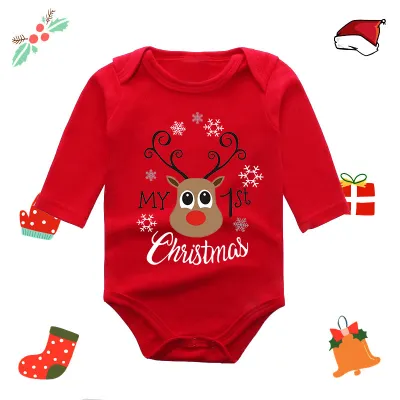 Christmas Kids Baby Boys And Girls Fashion Red Elk Printed Long Sleeve Rompers