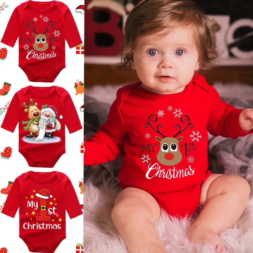 Christmas Kids Baby Boys And Girls Fashion Red Elk Printed Long Sleeve Rompers