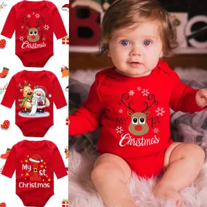 Christmas Kids Baby Boys And Girls Fashion Red Elk Printed Long Sleeve Rompers