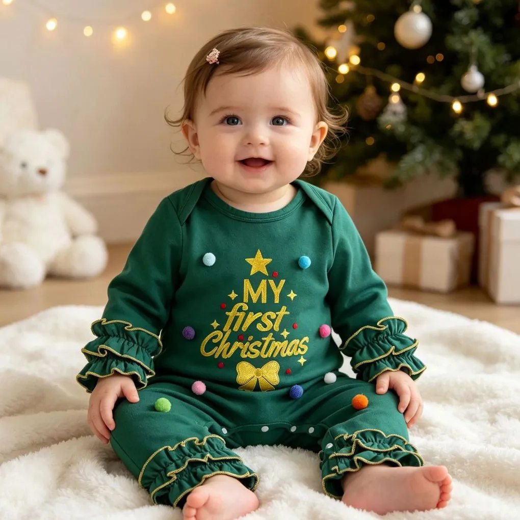 Christmas Kids Baby Girls Fashion Cute Three-Dimensional Hair Ball Embroidery Lace Long-Sleeve Jumpsuits