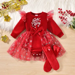 Christmas Kids Baby Girl Mesh Stitching Alphabet Print Long Sleeve Rompers Socks Two-Piece Set