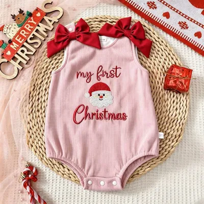 Kids Baby Girls Christmas Sleeveless Bow Santa Christmas Tree Embroidered Rompers