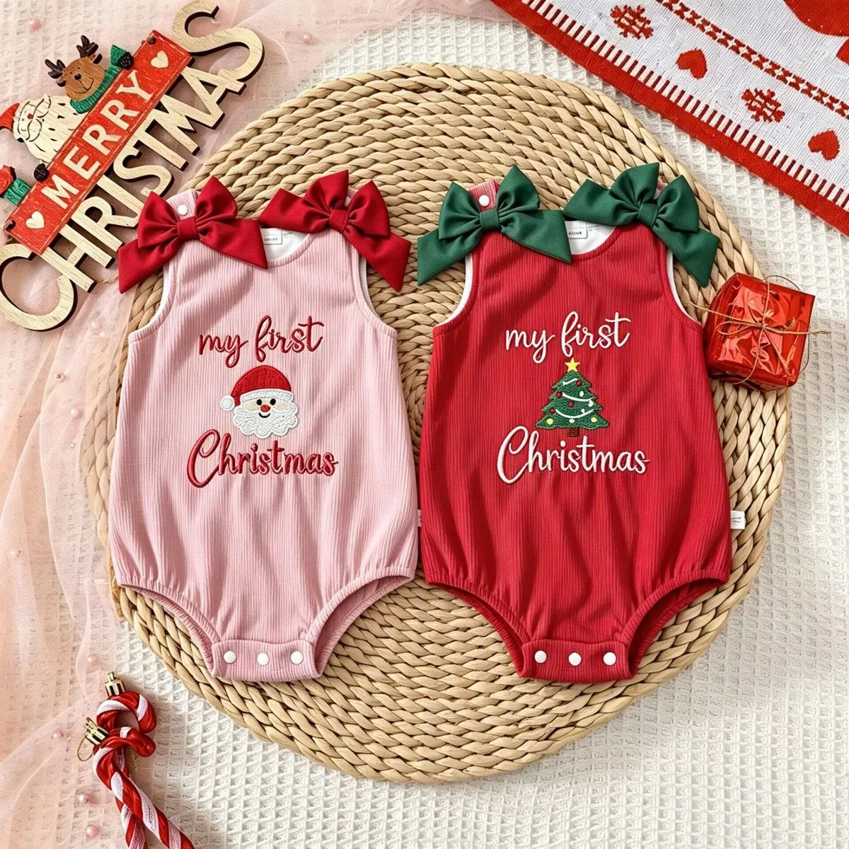 Kids Baby Girls Christmas Sleeveless Bow Santa Christmas Tree Embroidered Rompers