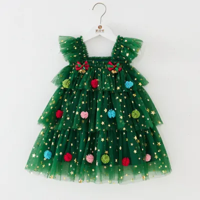 Children'S Kids Baby Girls Fashion Cute Star Printed Ruffled Mesh Puffy Dress