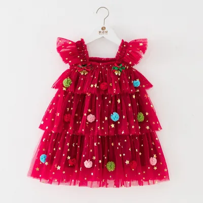 Children'S Kids Baby Girls Fashion Cute Star Printed Ruffled Mesh Puffy Dress