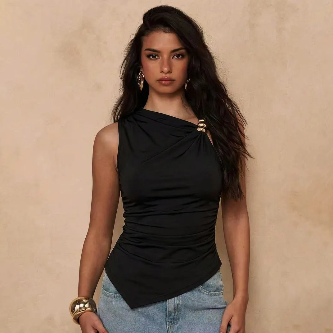 Women Fashion Sexy Summer Solid Color Metal Buckle Irregular Pleated Slim-Fit Sleeveless Tank Top