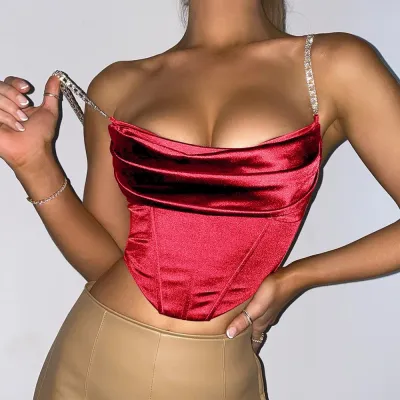 Women Fashion Sexy Summer Solid Color Slim-Fit Rhinestone Chain Camisole