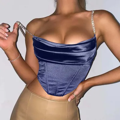 Women Fashion Sexy Summer Solid Color Slim-Fit Rhinestone Chain Camisole