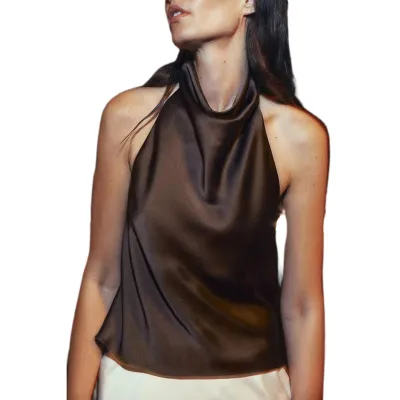 Women Fashion Sexy Summer Solid Color Satin Halter-Neck Slim-Fit Sleeveless Camisole