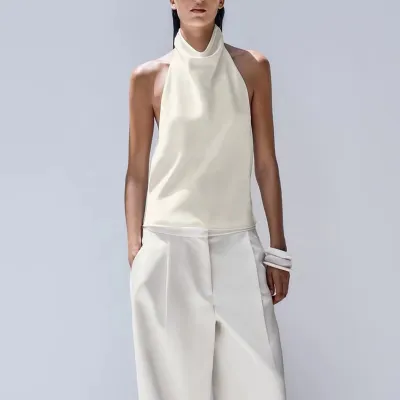 Women Fashion Sexy Summer Solid Color Satin Halter-Neck Slim-Fit Sleeveless Camisole