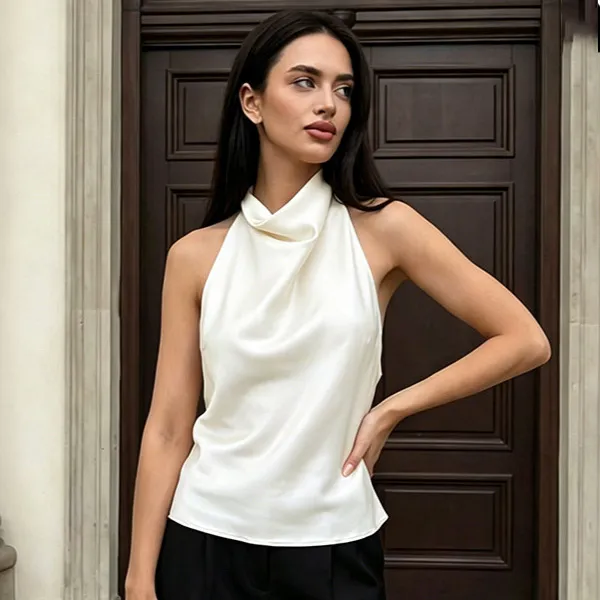 Women Fashion Sexy Summer Solid Color Satin Halter-Neck Slim-Fit Sleeveless Camisole
