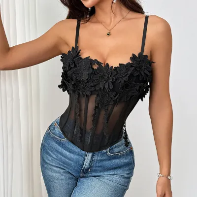 Women Fashion Sexy Summer Solid Color Three-Dimensional Decorative Floral Perspective Mesh Fishbone Camisole