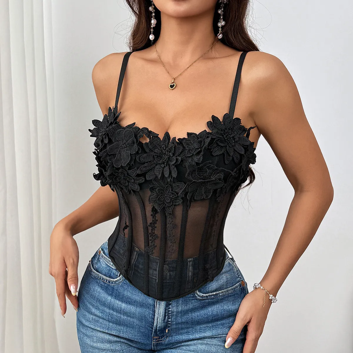 Women Fashion Sexy Summer Solid Color Three-Dimensional Decorative Floral Perspective Mesh Fishbone Camisole